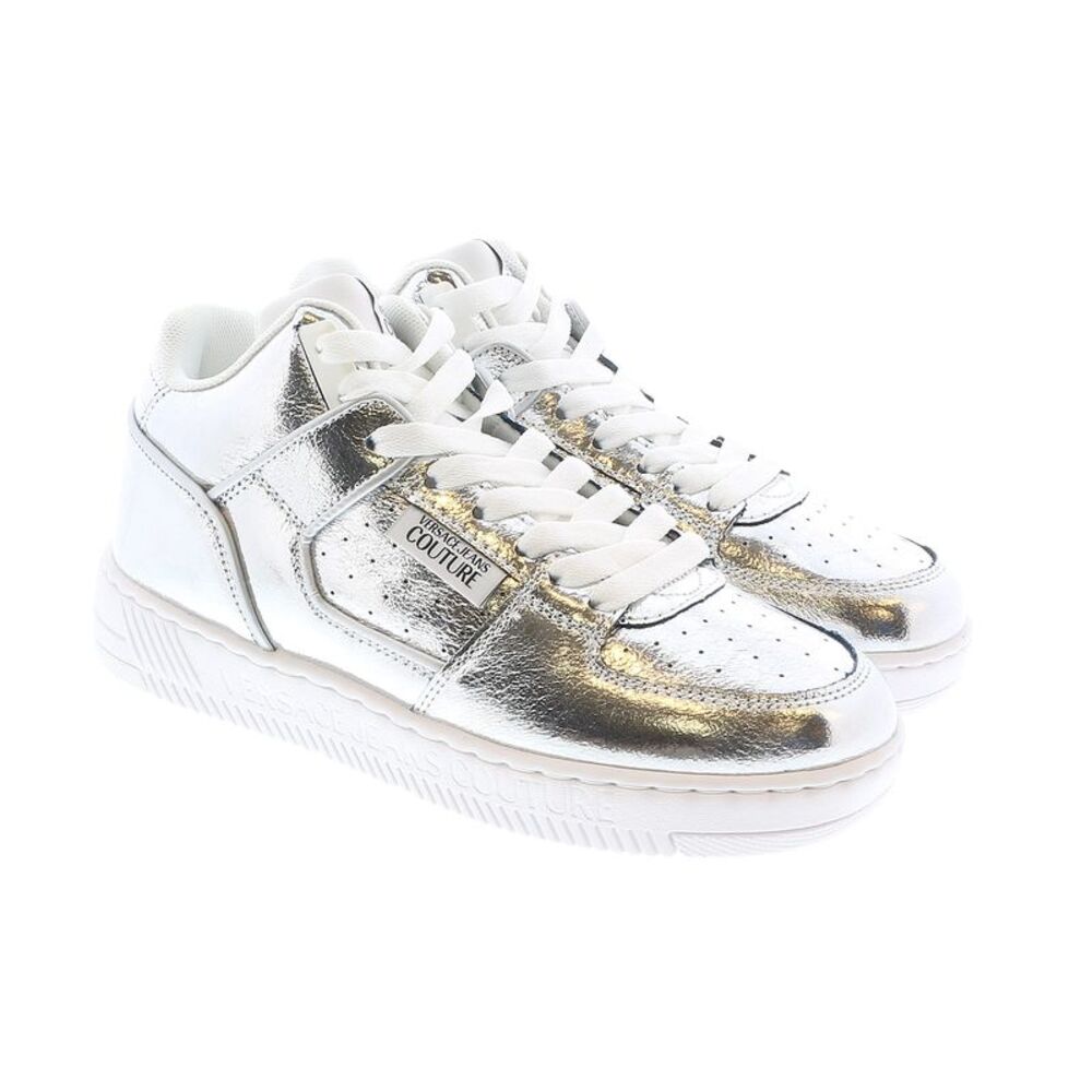 Versace Jeans Couture Signature Mid Top Lace Up Silver Sneakers